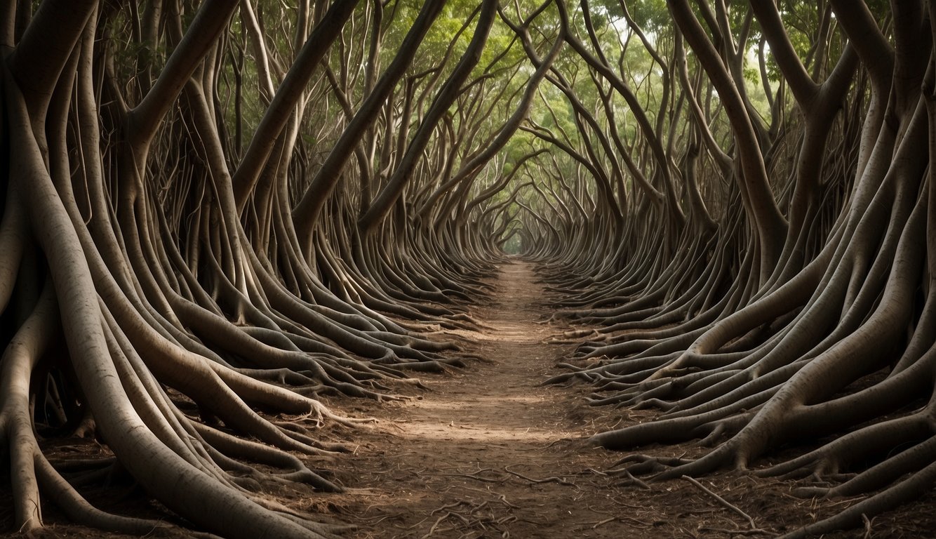 The intricate root system of rubber trees spreads out in all directions, intertwining and reaching deep into the soil
