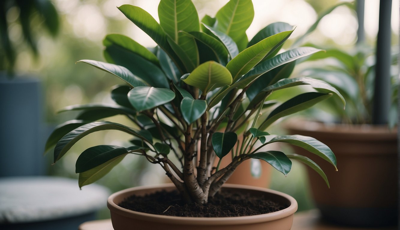 A rubber tree sits snug in a pot, roots filling the container, thriving in its root-bound home