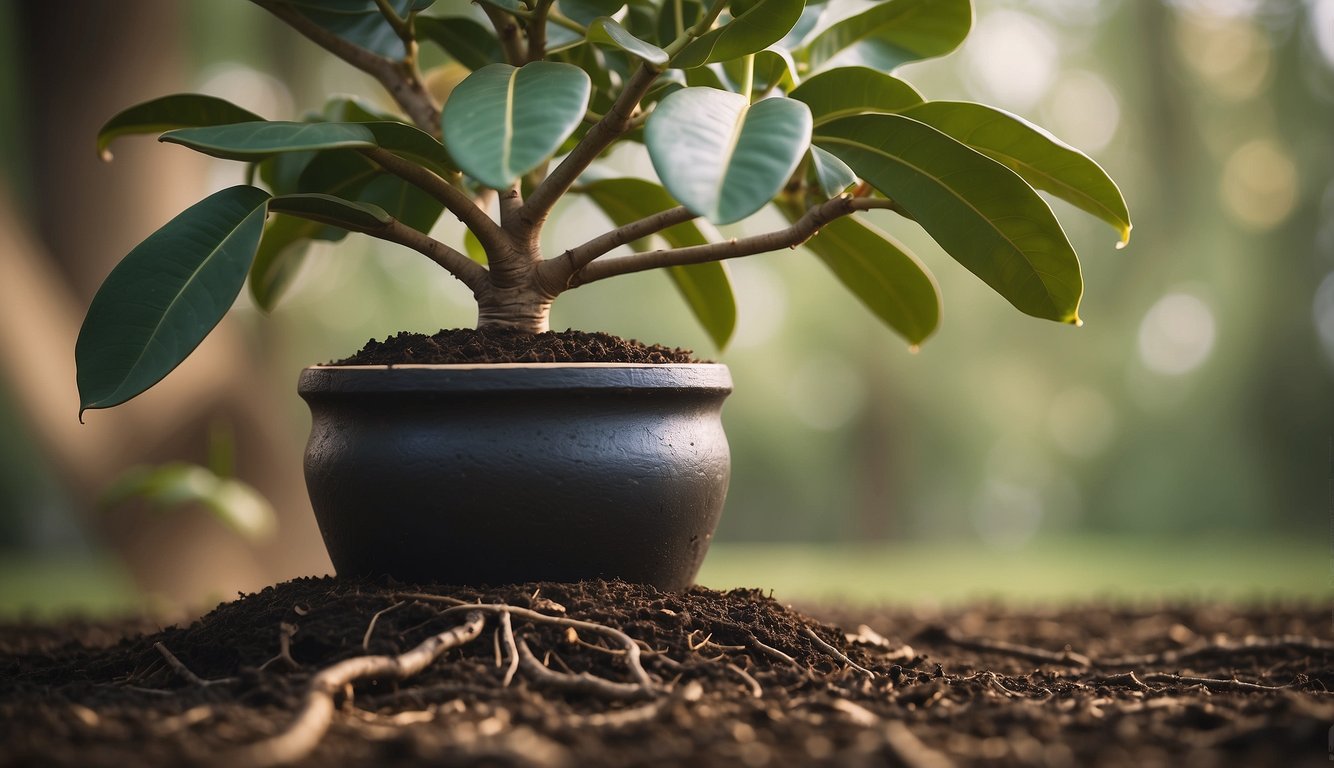 A healthy rubber tree with roots filling its pot