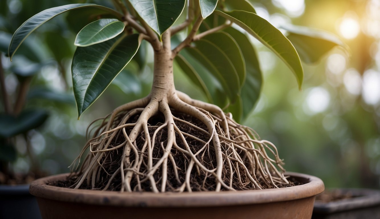 A rubber tree's roots tightly fill its pot, pushing against the sides