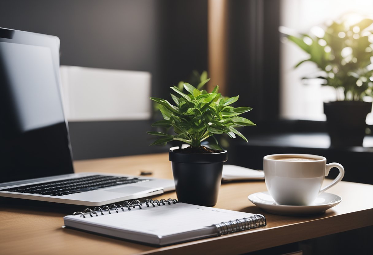 A desk with a laptop, notebook, and pen. A stack of business books and a calendar on the wall. A cup of coffee and a potted plant add warmth to the scene