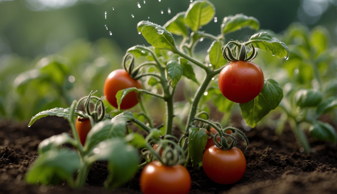 Healthy tomato plants in nutrient-rich soil, with water droplets glistening on lush green leaves, while wilted plants struggle in dry, depleted soil