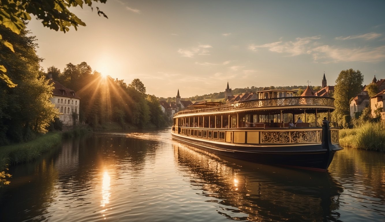 A cozy riverboat glides through scenic European waterways, with charming villages and lush greenery lining the banks. The sun sets in the distance, casting a warm glow over the tranquil scene