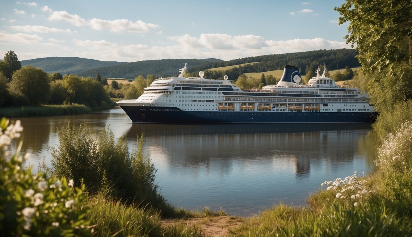 A serene river flowing through European countryside, with a charming cruise ship sailing under the blue sky