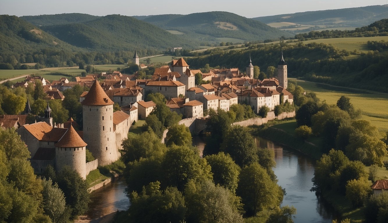 A serene river winding through European countryside with charming villages and historic castles lining the banks
