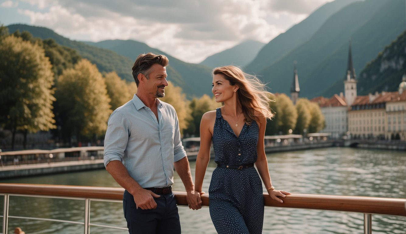 A couple stands on the deck of a European river cruise ship, surrounded by picturesque scenery and enjoying a romantic and affordable getaway