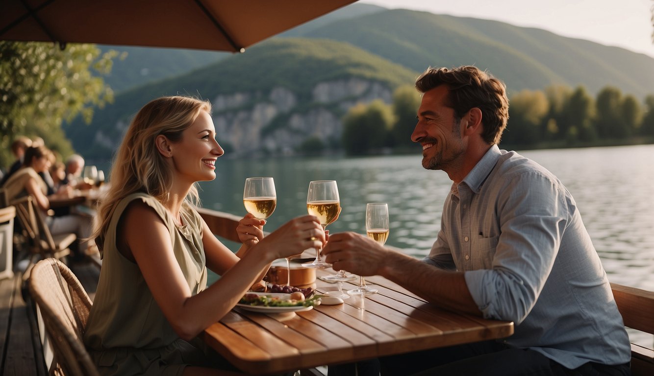 A couple enjoys a romantic river cruise in Europe, sipping wine on deck and taking in the picturesque scenery along the water