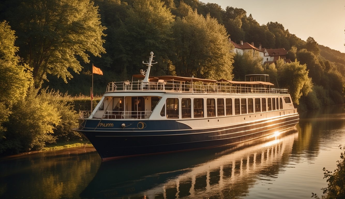 A cozy river cruise ship floats along a scenic European river, surrounded by charming villages and lush greenery. The sun sets in the distance, casting a warm glow on the calm waters