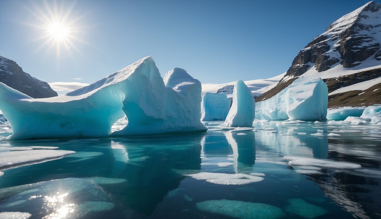 Pristine icebergs tower over a sleek cruise ship, as penguins and seals frolic in the crystal-clear waters below. The sun glistens off the snow-covered landscape, creating a breathtaking scene for wildlife enthusiasts