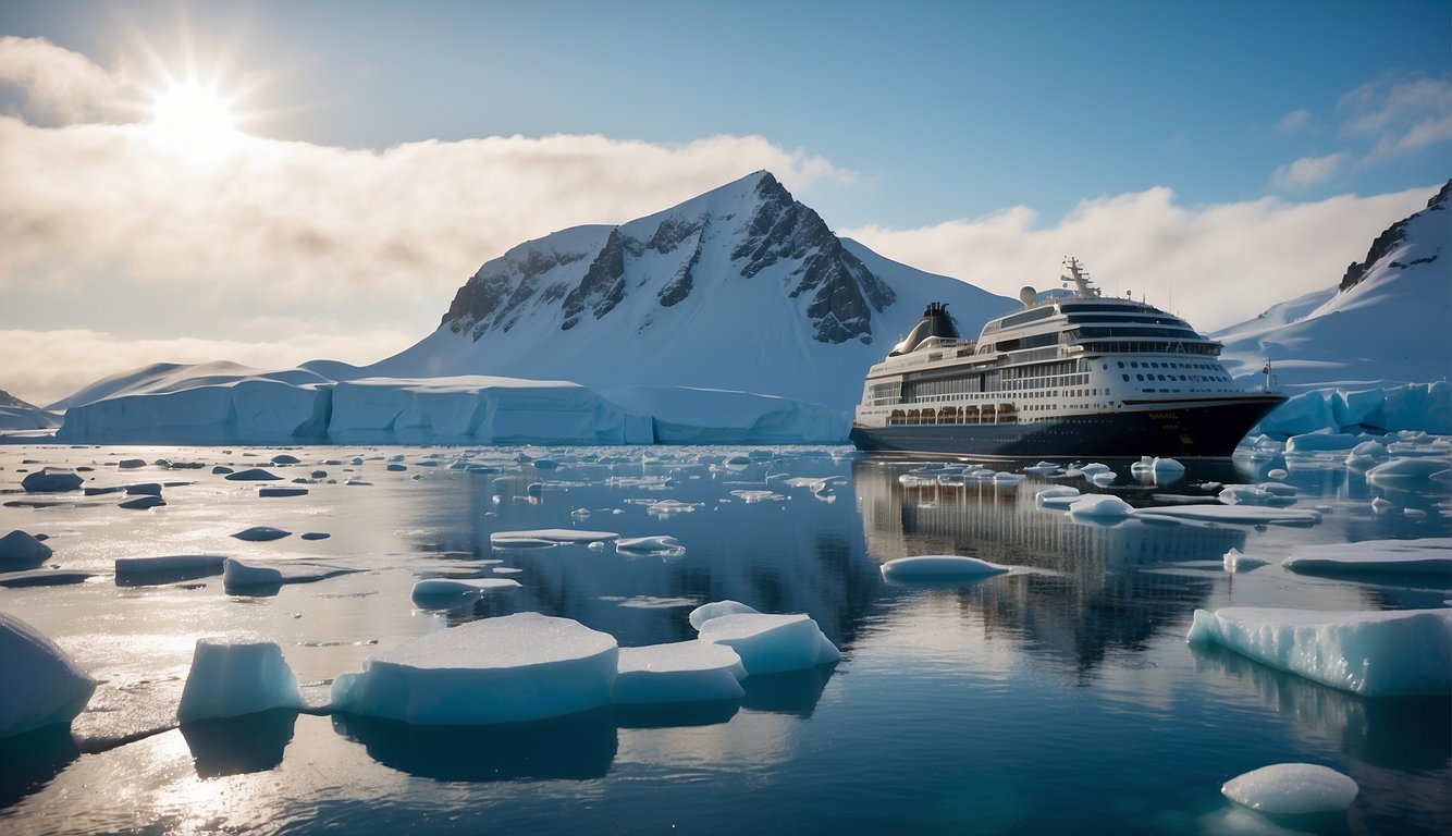 A luxurious cruise ship glides through icy waters, surrounded by breathtaking Antarctic wildlife