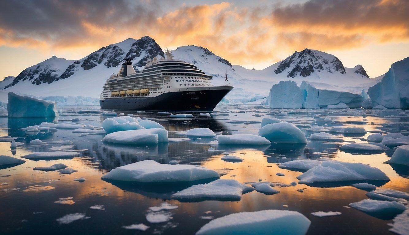 A luxurious cruise ship sails through icy waters, surrounded by stunning Antarctic wildlife