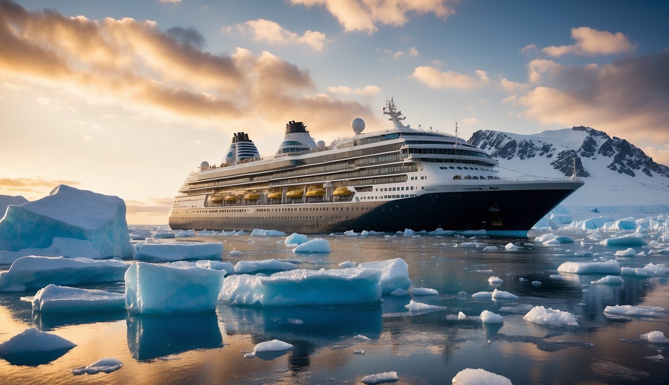 A luxurious cruise ship glides through icy waters, surrounded by breathtaking Antarctic wildlife
