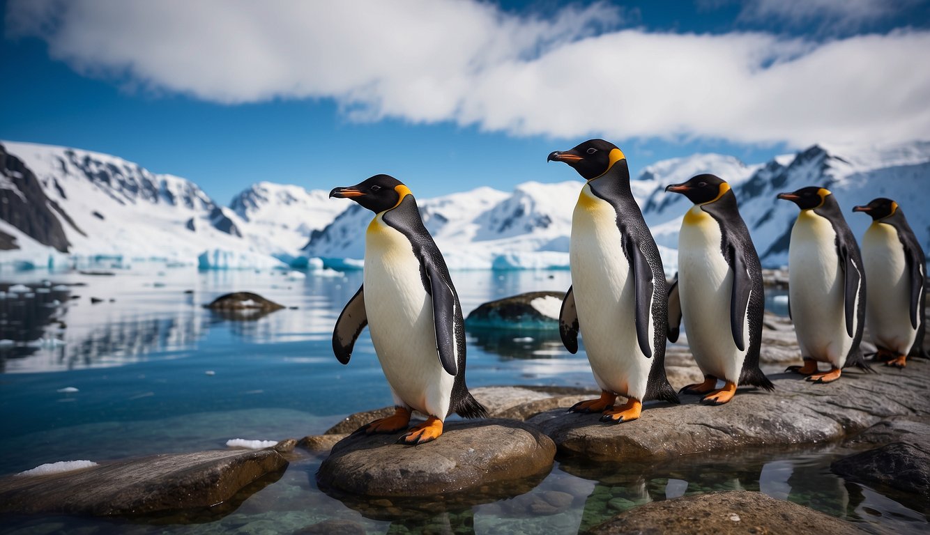 Pristine Antarctic landscape with diverse wildlife, including penguins, seals, and whales, surrounded by icy waters and snow-capped mountains
