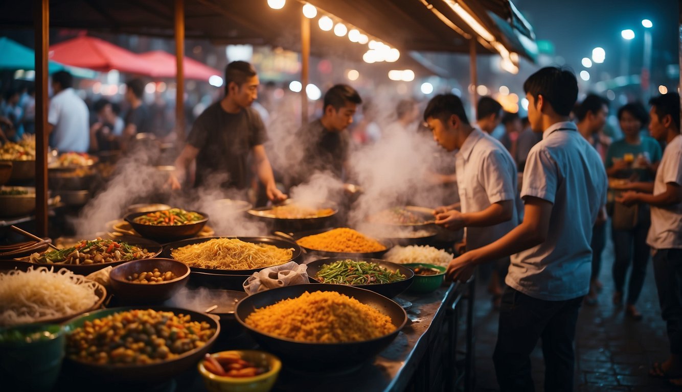 A bustling Asian night market with colorful food stalls and aromatic smoke wafting through the air. Tourists sample exotic dishes while chefs prepare traditional delicacies