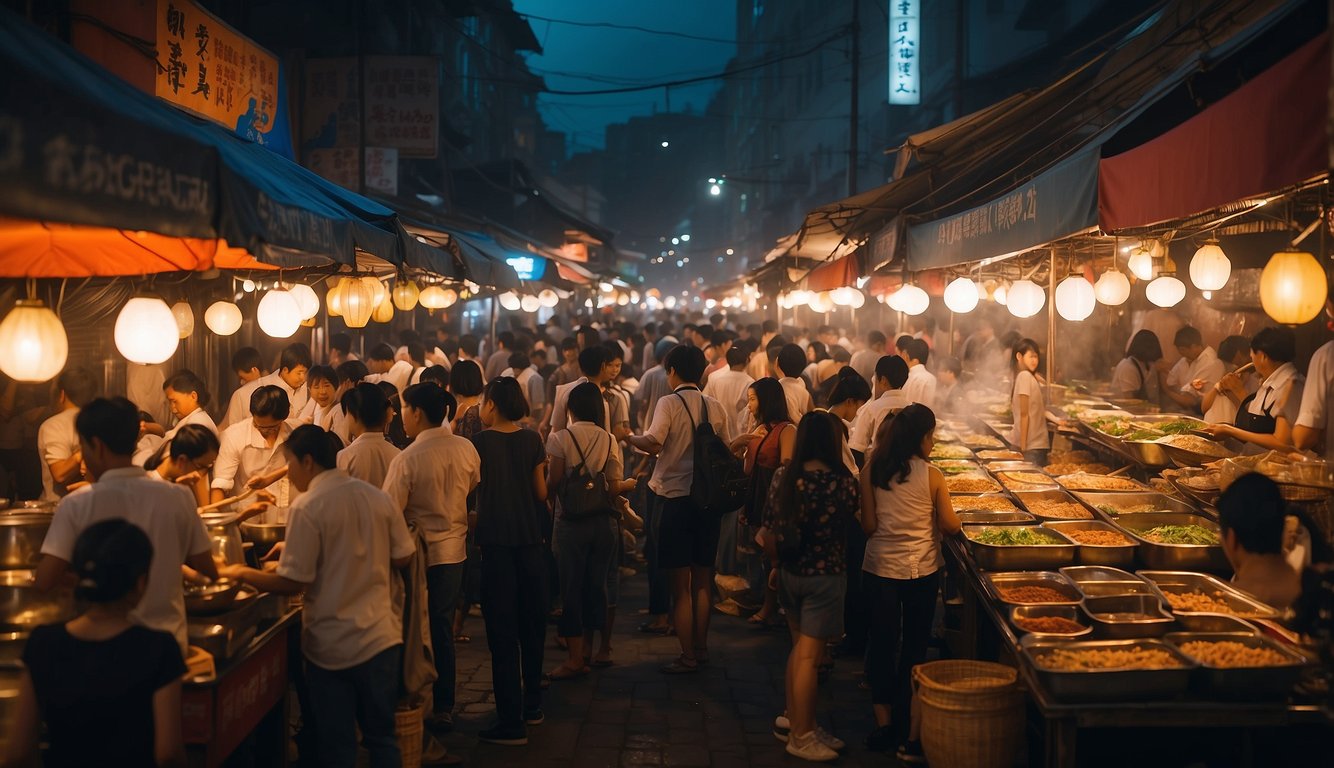 A bustling Asian night market with vibrant food stalls and eager tourists sampling exotic dishes. The aromas of sizzling street food fill the air as chefs skillfully prepare local delicacies