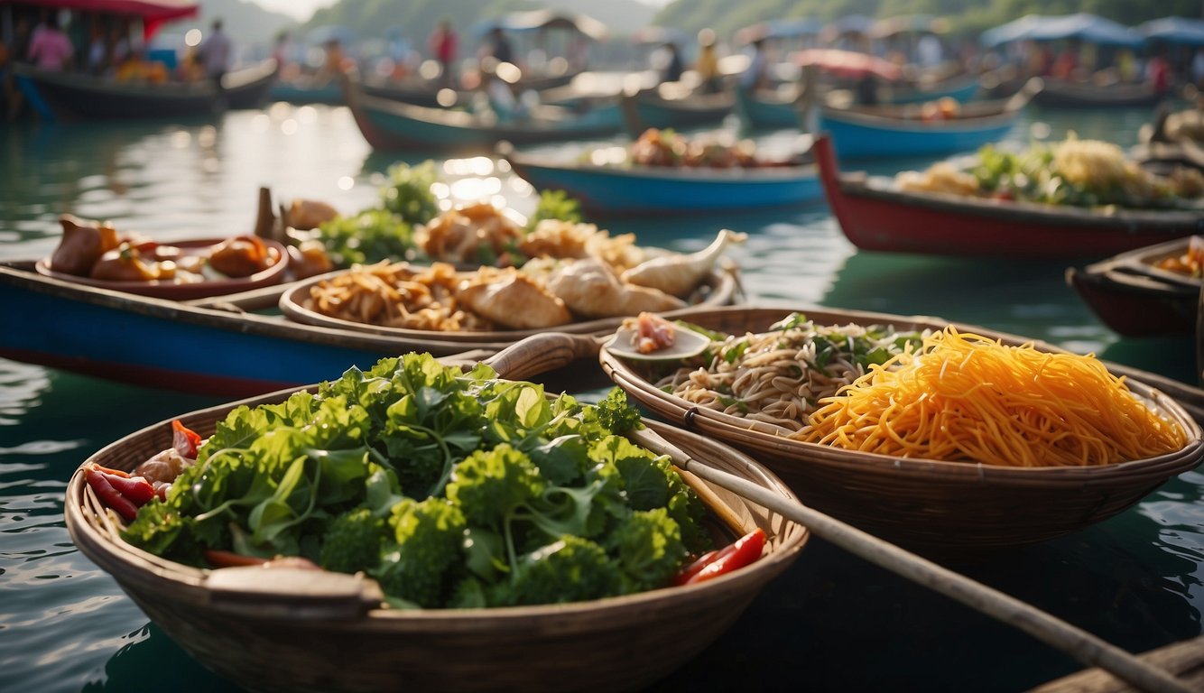 A bustling Asian food market with colorful stalls and exotic ingredients, set against a backdrop of serene waters and traditional fishing boats