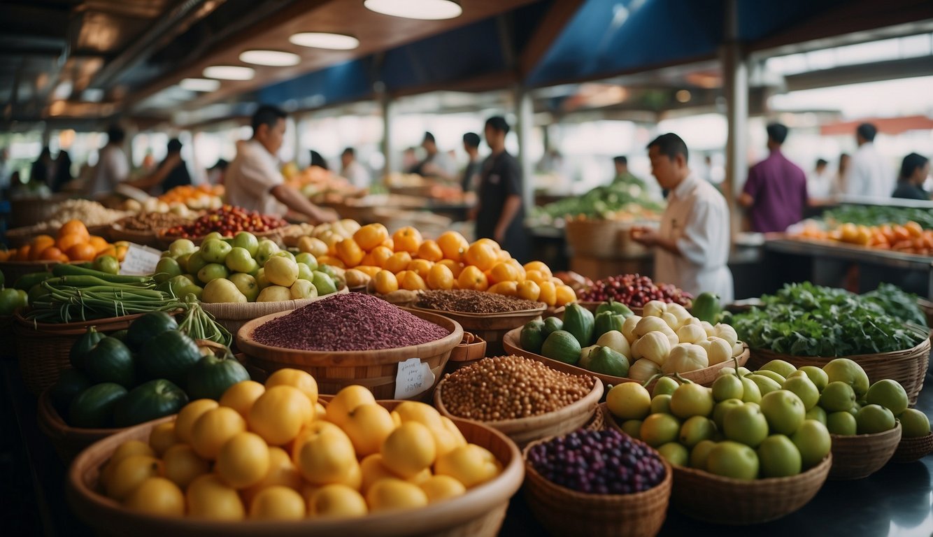 A bustling Asian market with colorful stalls selling fresh produce and aromatic spices, while chefs lead cooking demonstrations on a luxury cruise ship