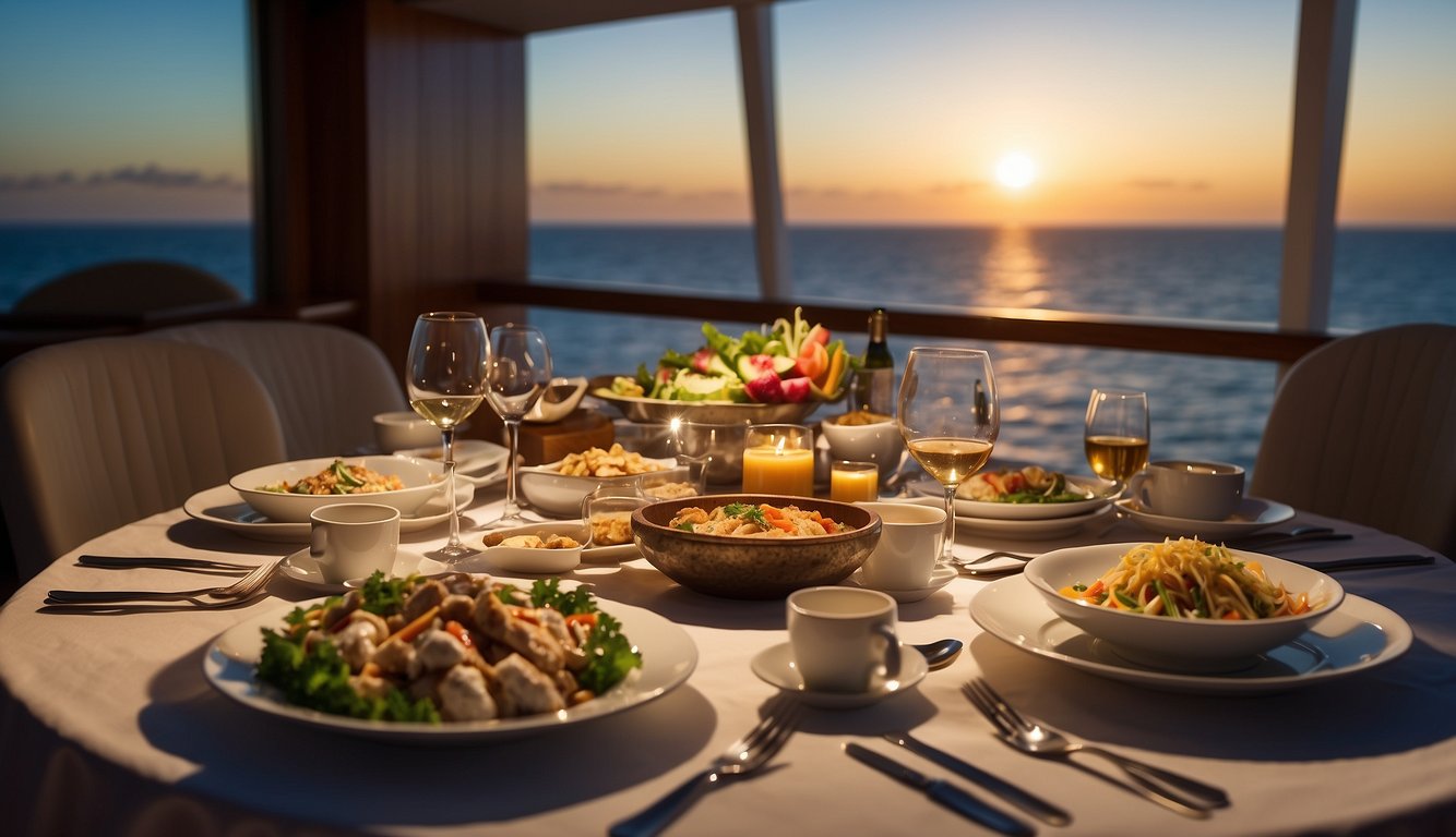 A table set with exotic Asian dishes on a cruise ship, with a backdrop of the ocean and a sunset