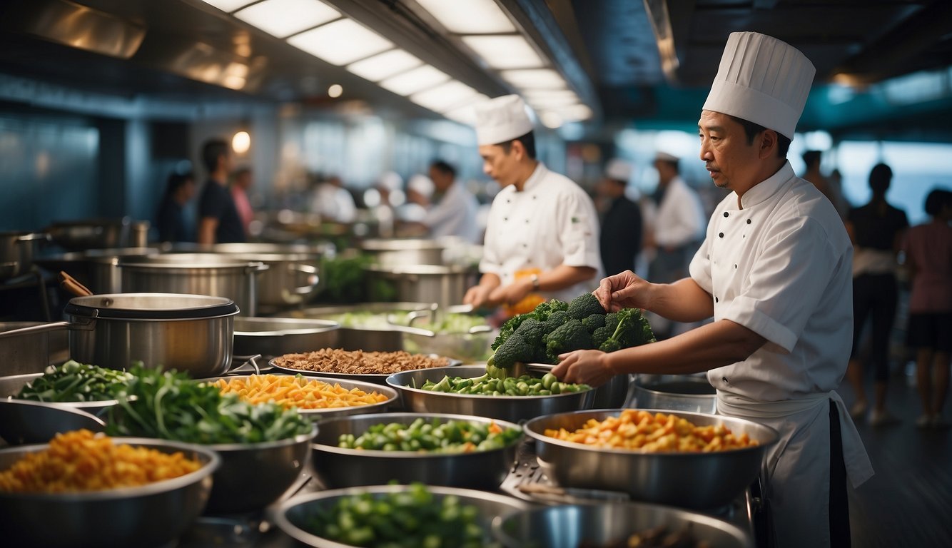 A bustling Asian food market with colorful stalls and exotic ingredients. A chef giving a cooking demonstration on a cruise ship deck