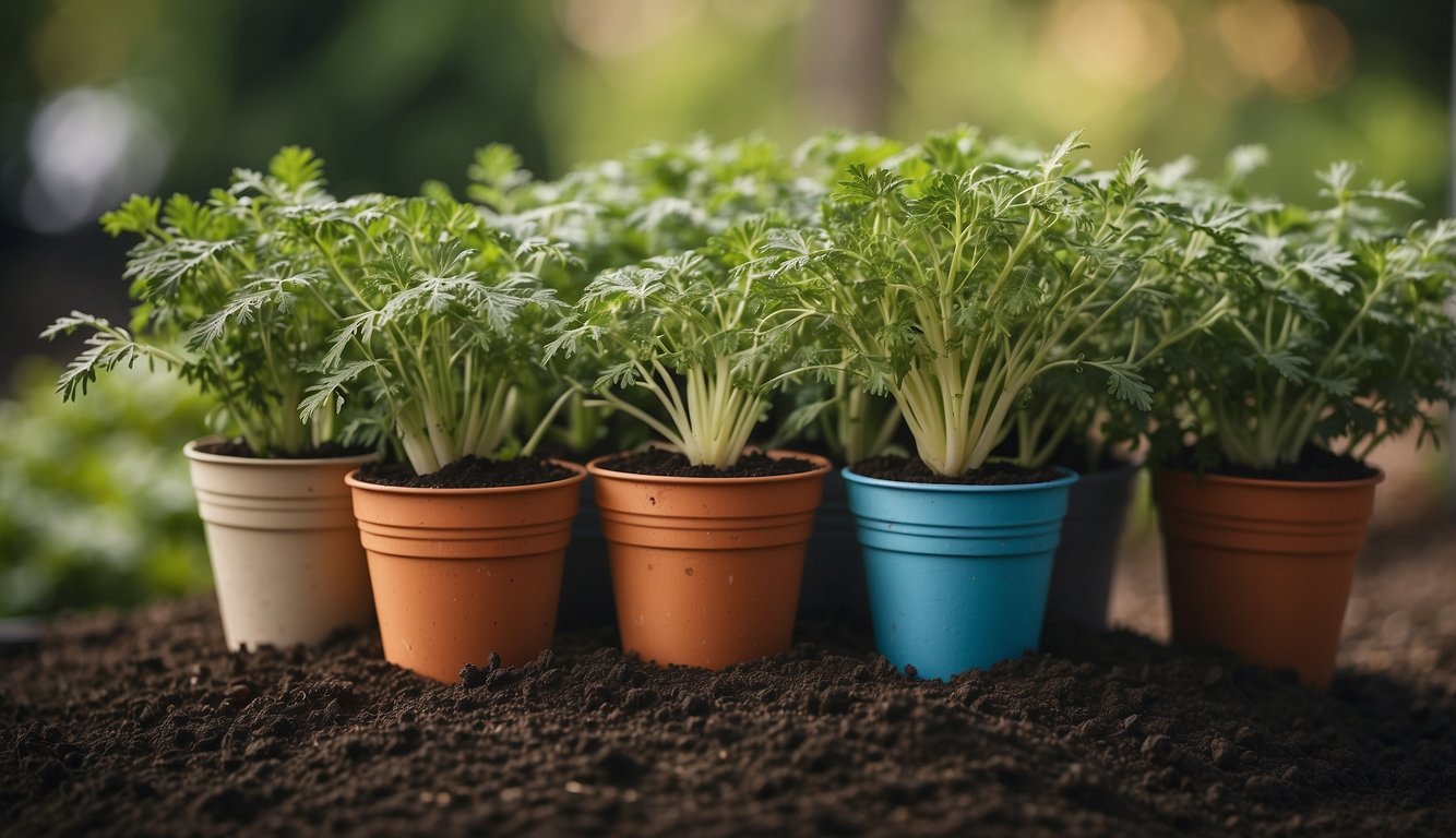 Carrot tops arranged in soil-filled pots, watering can nearby