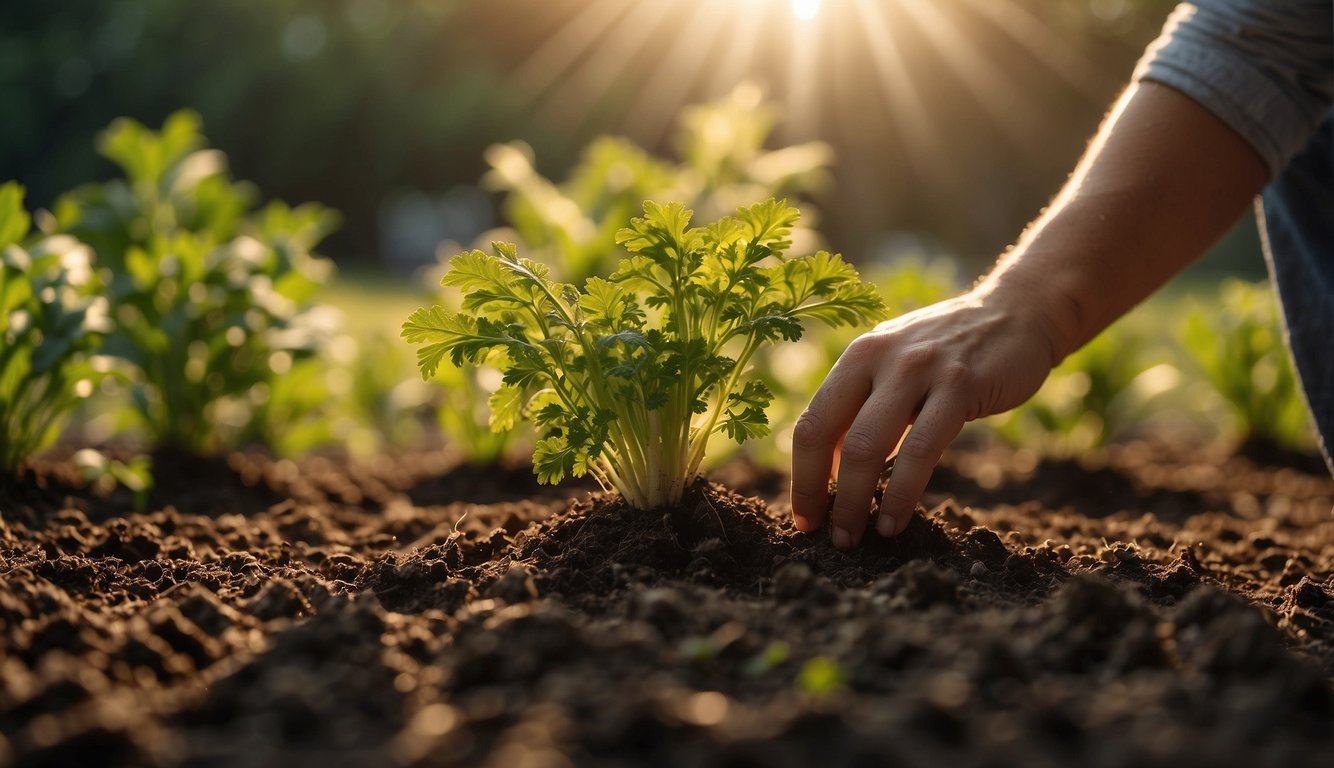 A hand reaches into soil, placing carrot tops. Sunlight shines down on the garden. Roots begin to grow, pushing through the earth