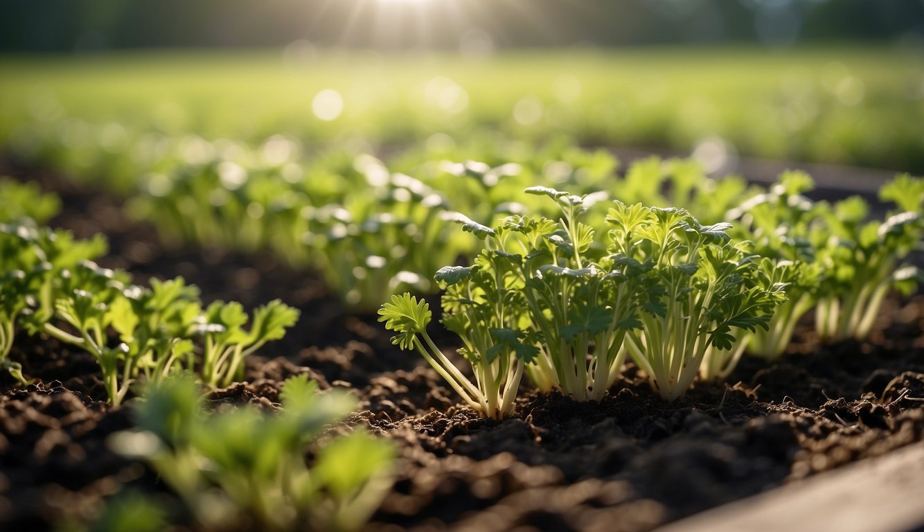Sunlight shines on a garden bed with rows of young carrot tops sprouting from the soil, surrounded by small green leaves and delicate white roots