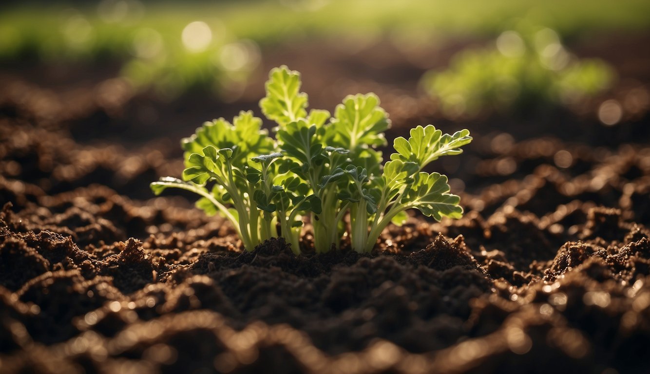 Carrot tops sprout in rich soil under warm sunlight and gentle rain