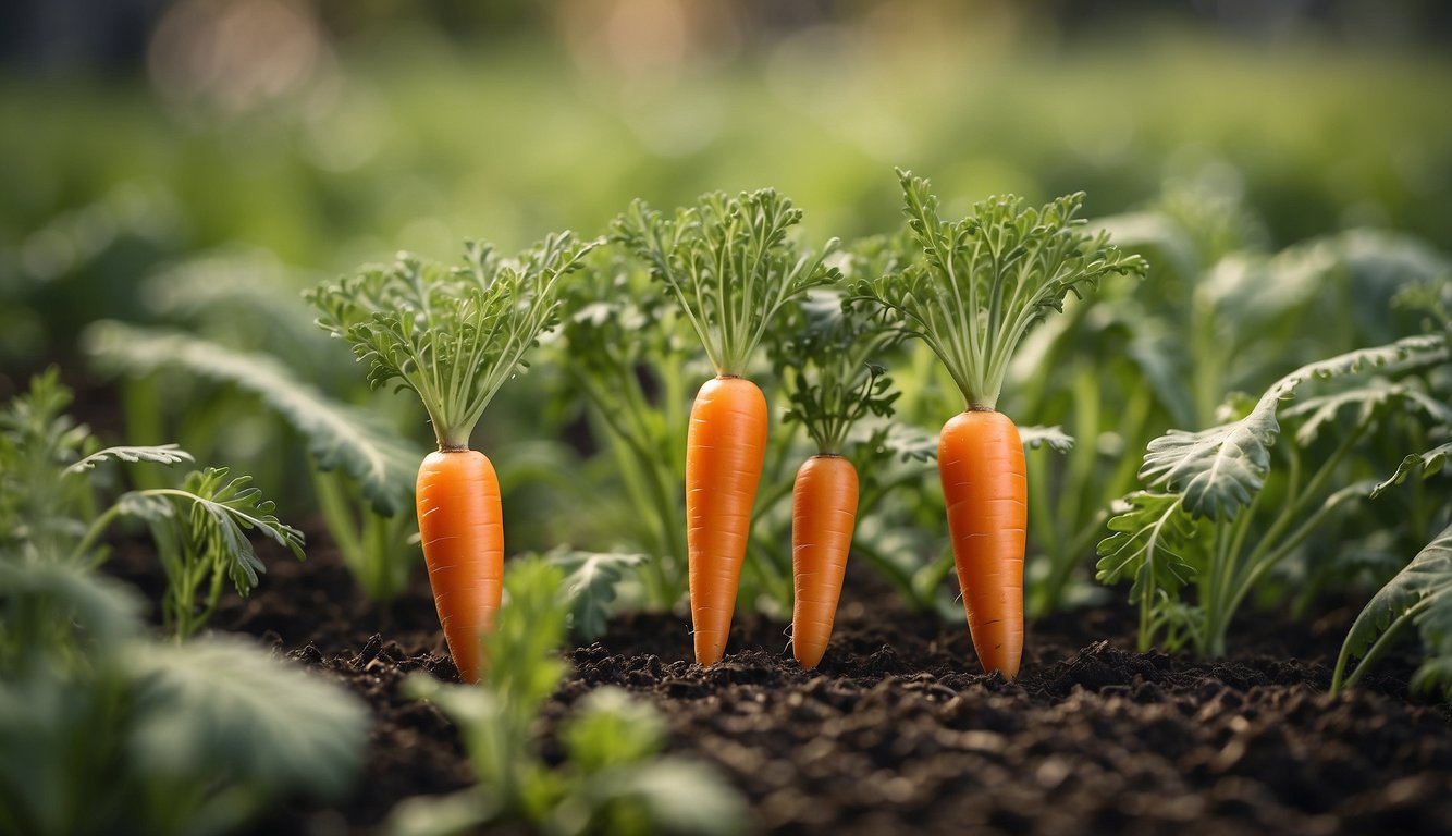 Carrots grow alongside other plants, their tops used for companion planting and crop rotation