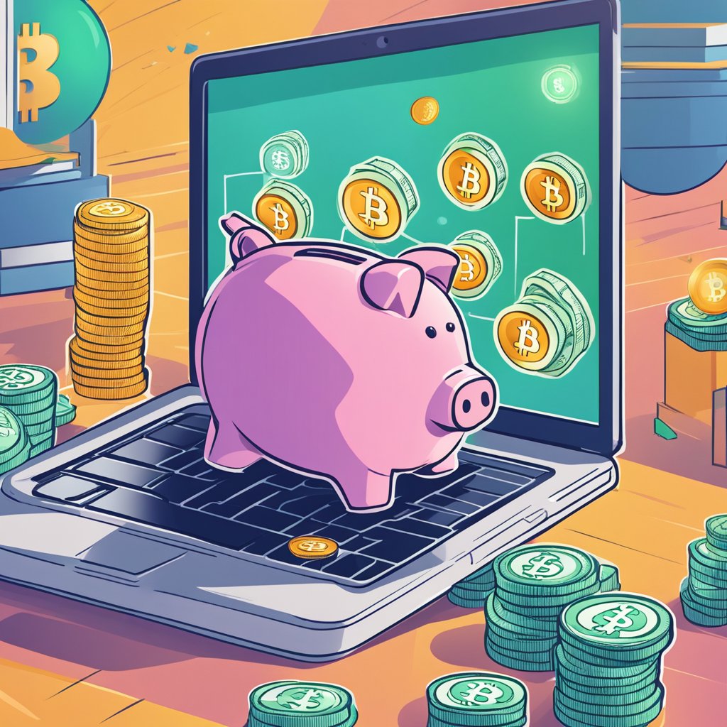 Como Ganhar Dinheiro com Bitcoin: Guia Completo para Iniciantes 1 A laptop displaying a Bitcoin price chart, surrounded by stacks of cash and a piggy bank. A hand reaches out to collect profits