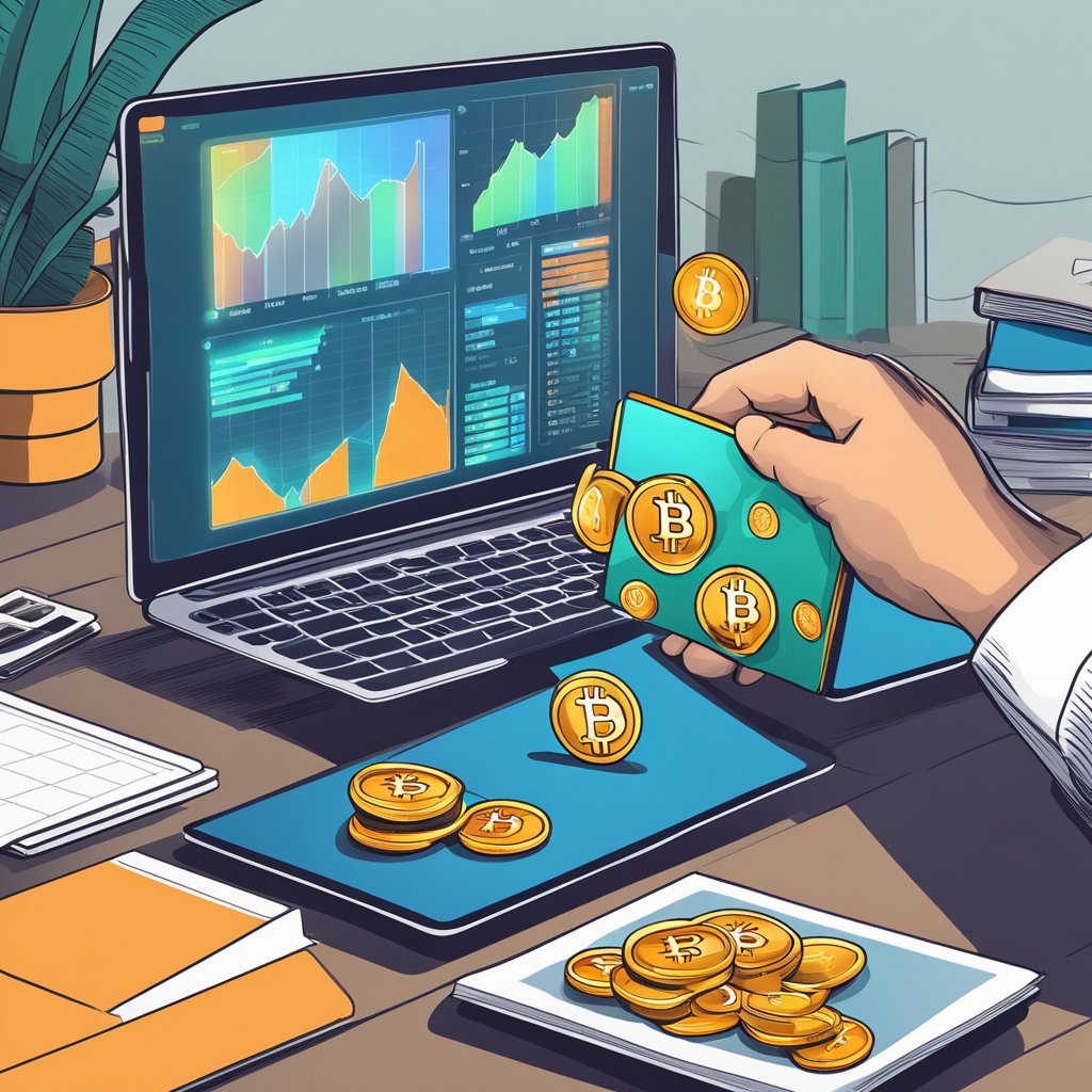 Como Ganhar Dinheiro com Bitcoin: Guia Completo para Iniciantes 2 A computer screen displays Bitcoin and cryptocurrency charts. A hand holds a wallet with Bitcoin logo. Books on trading and finance lay open nearby