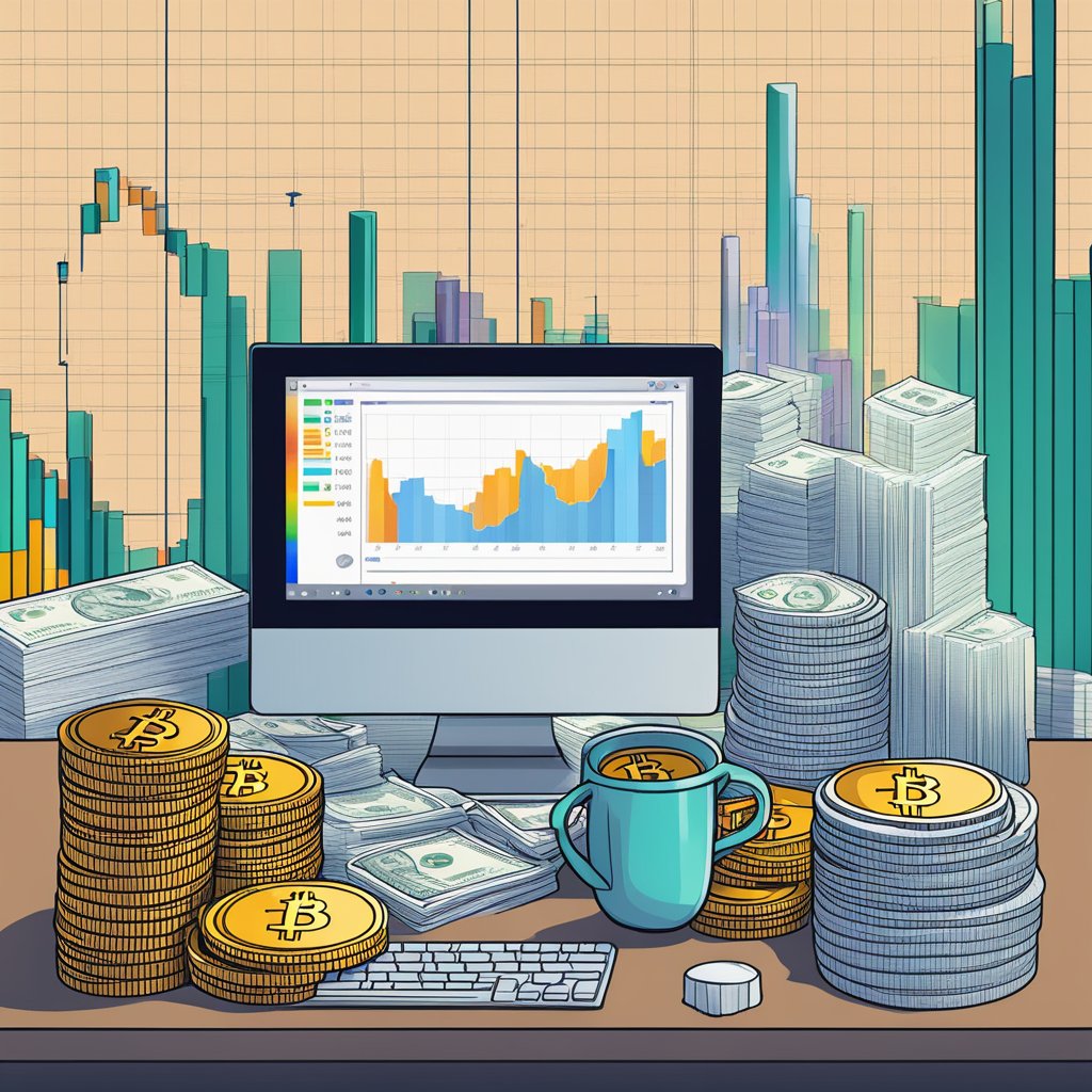 Como Ganhar Dinheiro com Bitcoin: Guia Completo para Iniciantes 3 A computer screen displays Bitcoin charts and graphs. A stack of money sits next to it, symbolizing potential profits