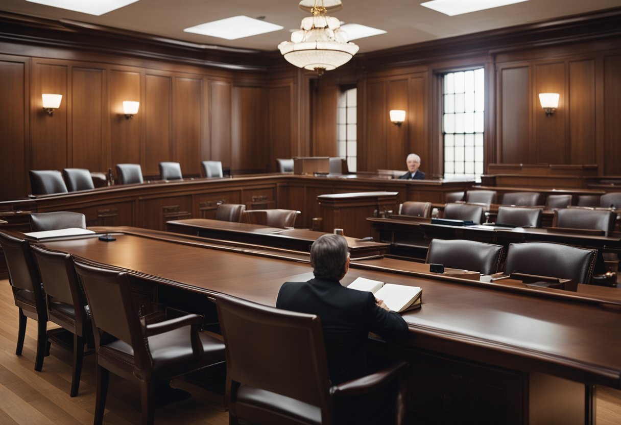 A courtroom with a judge, lawyers, and a witness stand. Medical documents and evidence are presented. The atmosphere is tense and serious