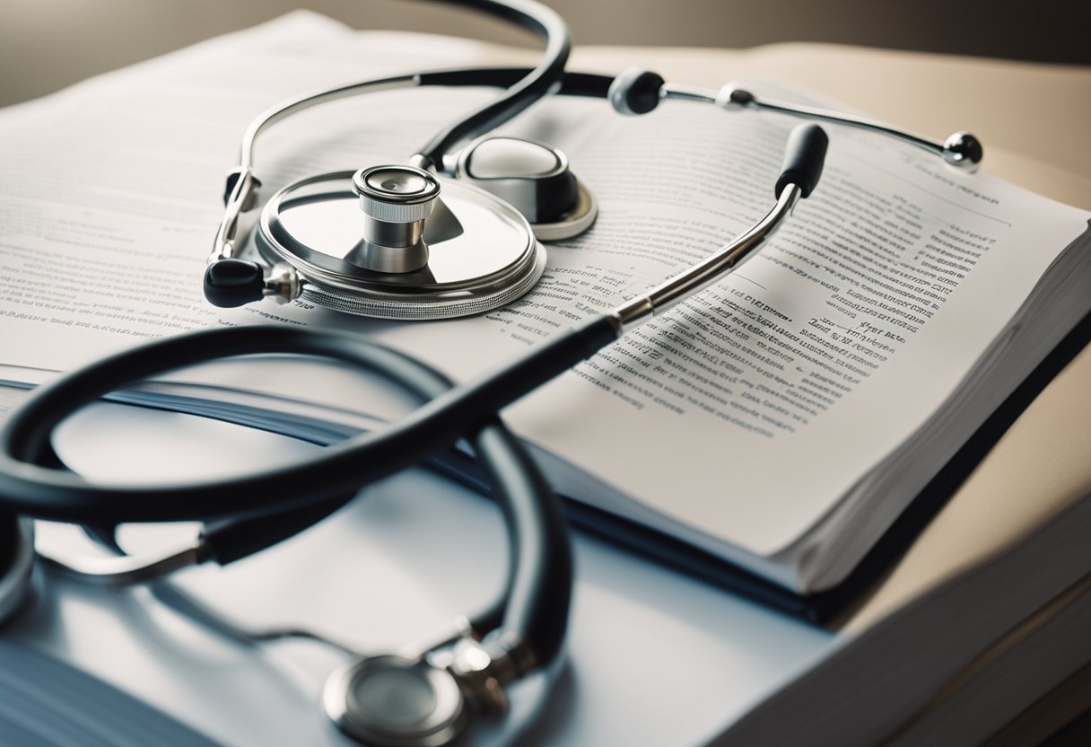 A medical book open on a desk with a stethoscope and legal documents