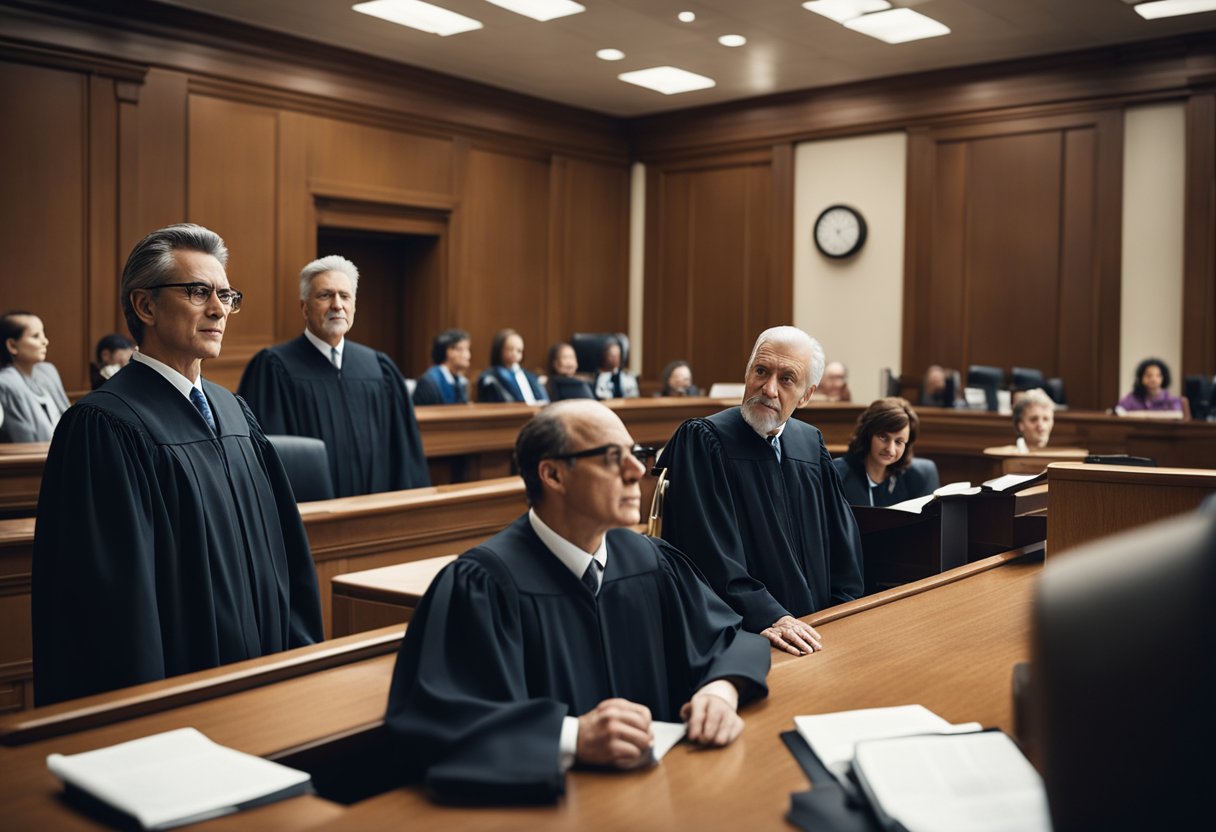 A courtroom scene with a judge, lawyers, and witnesses discussing medical evidence