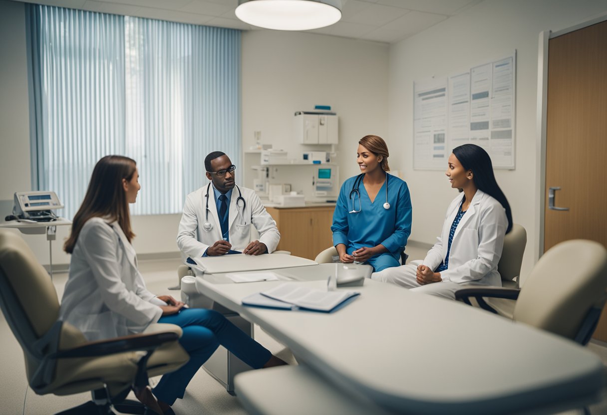 A doctor discussing treatment options with a patient's family, surrounded by medical charts and equipment in a hospital room