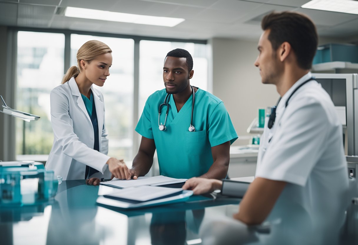 A medical professional consulting with a patient, surrounded by medical equipment and paperwork, in a modern healthcare facility