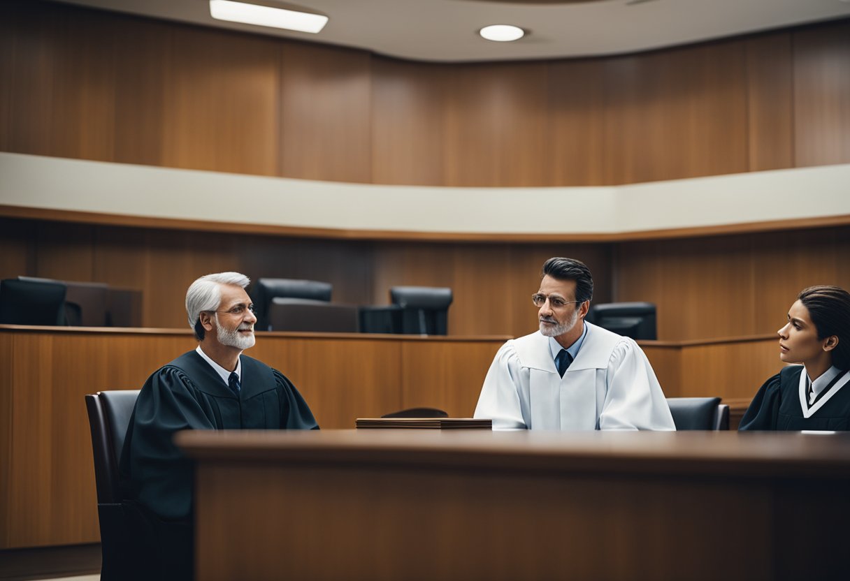 A courtroom scene with a judge, lawyers, and medical professionals discussing medical law and specialization