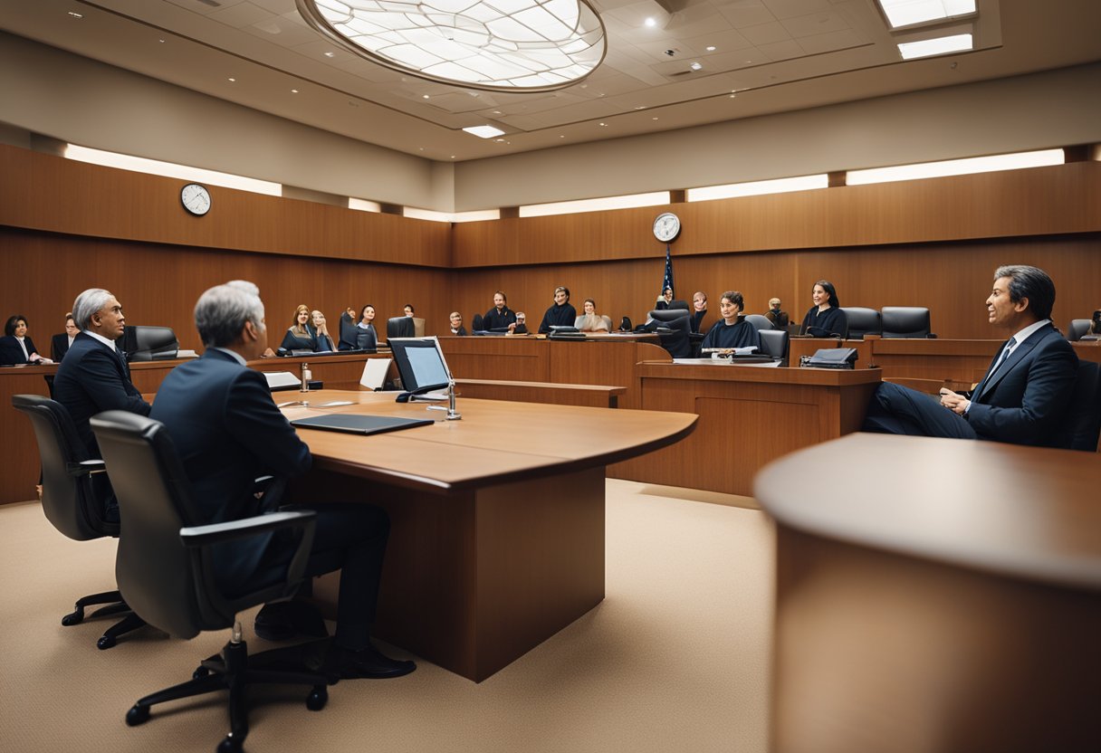 A courtroom with judges and lawyers discussing medical law cases