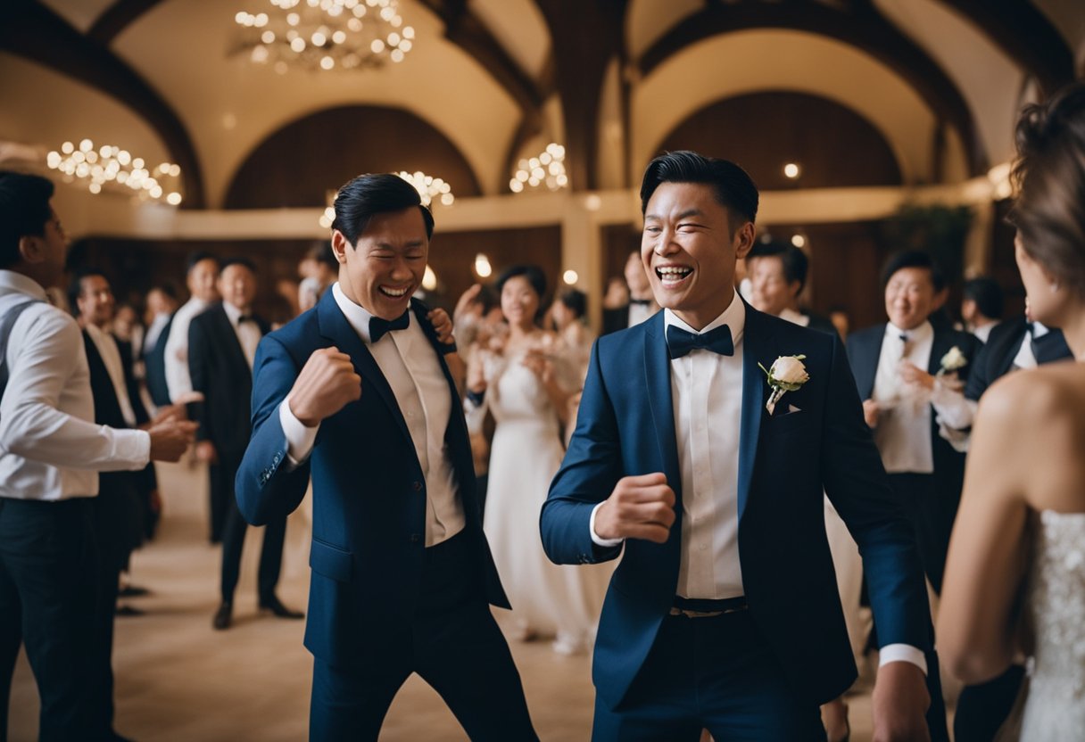 At the reception, the groom's drunken behavior escalates into a fistfight, causing a commotion but resulting in no serious injuries