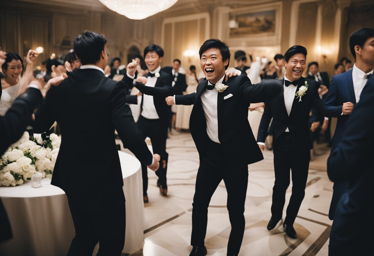 The aftermath of the groom's drunken antics at the reception: a chaotic fistfight with no serious injuries