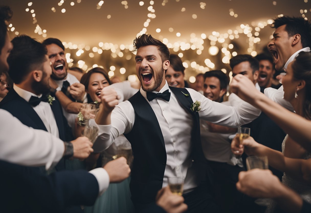 A chaotic wedding reception with a drunken groom causing a fistfight