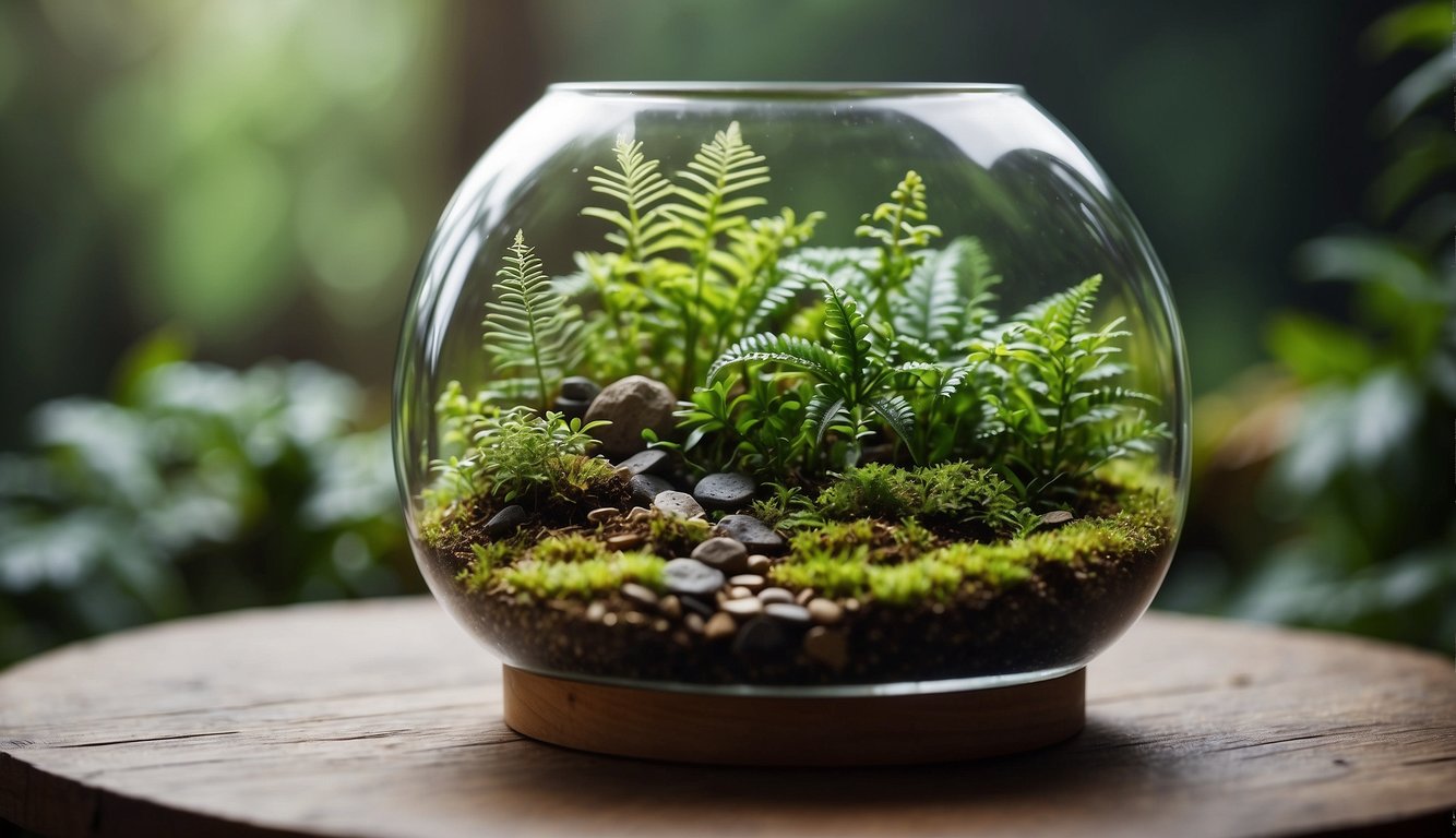 A glass terrarium sits on a wooden table, filled with damp soil and scattered rocks. A small patch of vibrant green moss grows in the center, surrounded by tiny ferns and delicate vines