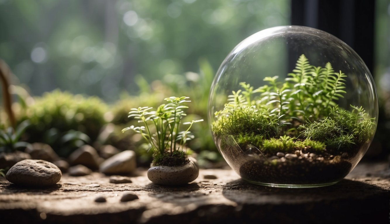 Moss growing in a glass terrarium, surrounded by damp soil and small rocks. Sunlight filters through a nearby window, illuminating the greenery