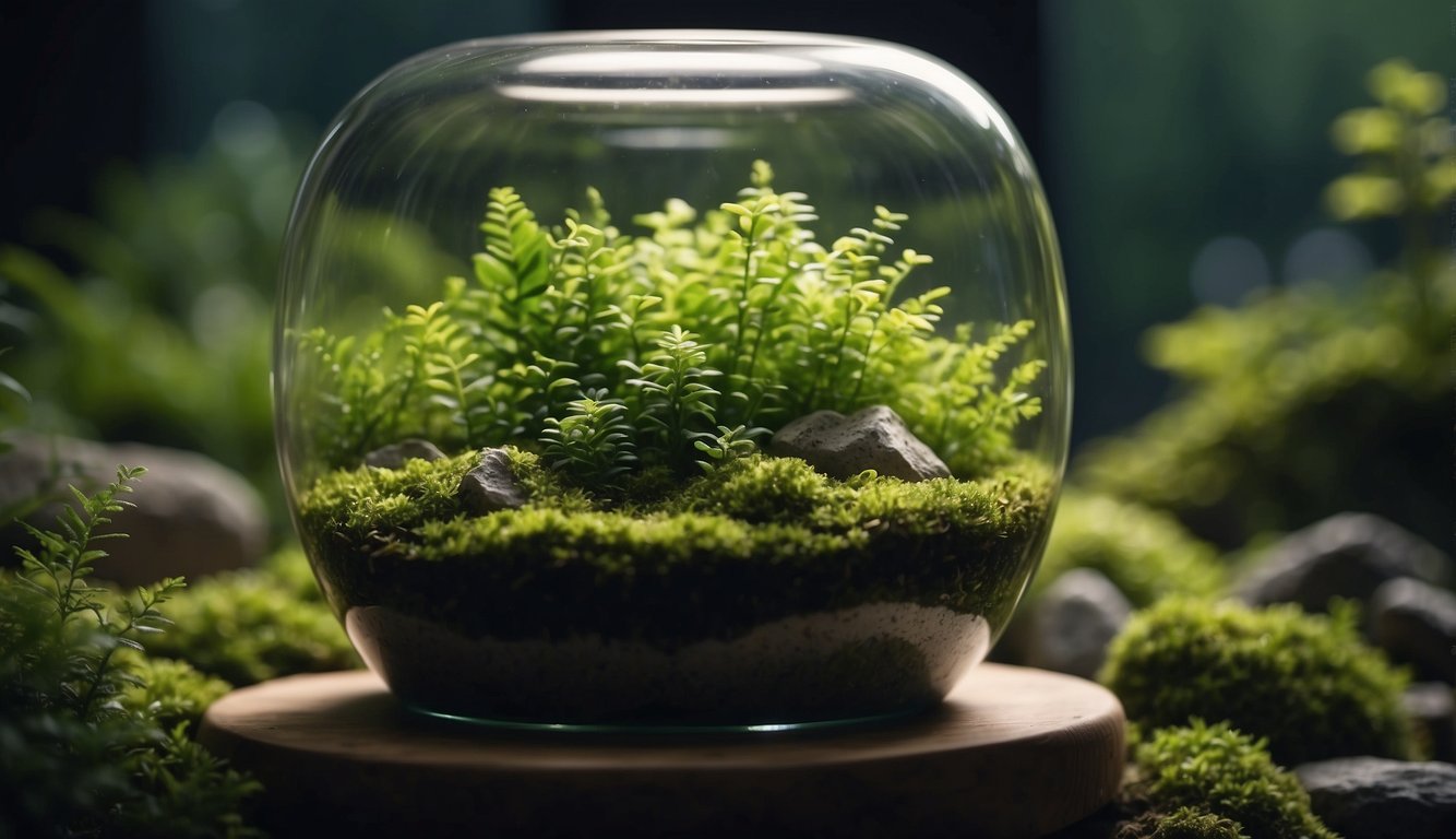 Lush green moss thrives in a shallow glass terrarium, nestled among rocks and moist soil under a filtered light