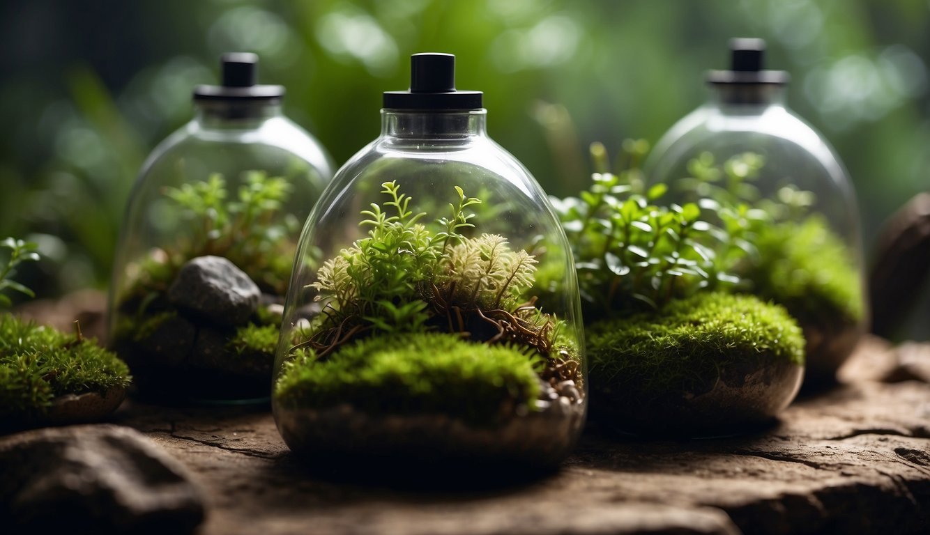 Lush green moss thriving in a glass terrarium, nestled among rocks and soil, receiving gentle misting from a spray bottle