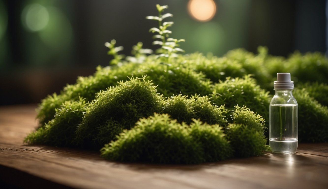 Lush green moss spreads over a wooden surface indoors, thriving in a dimly lit room with a misting spray bottle nearby