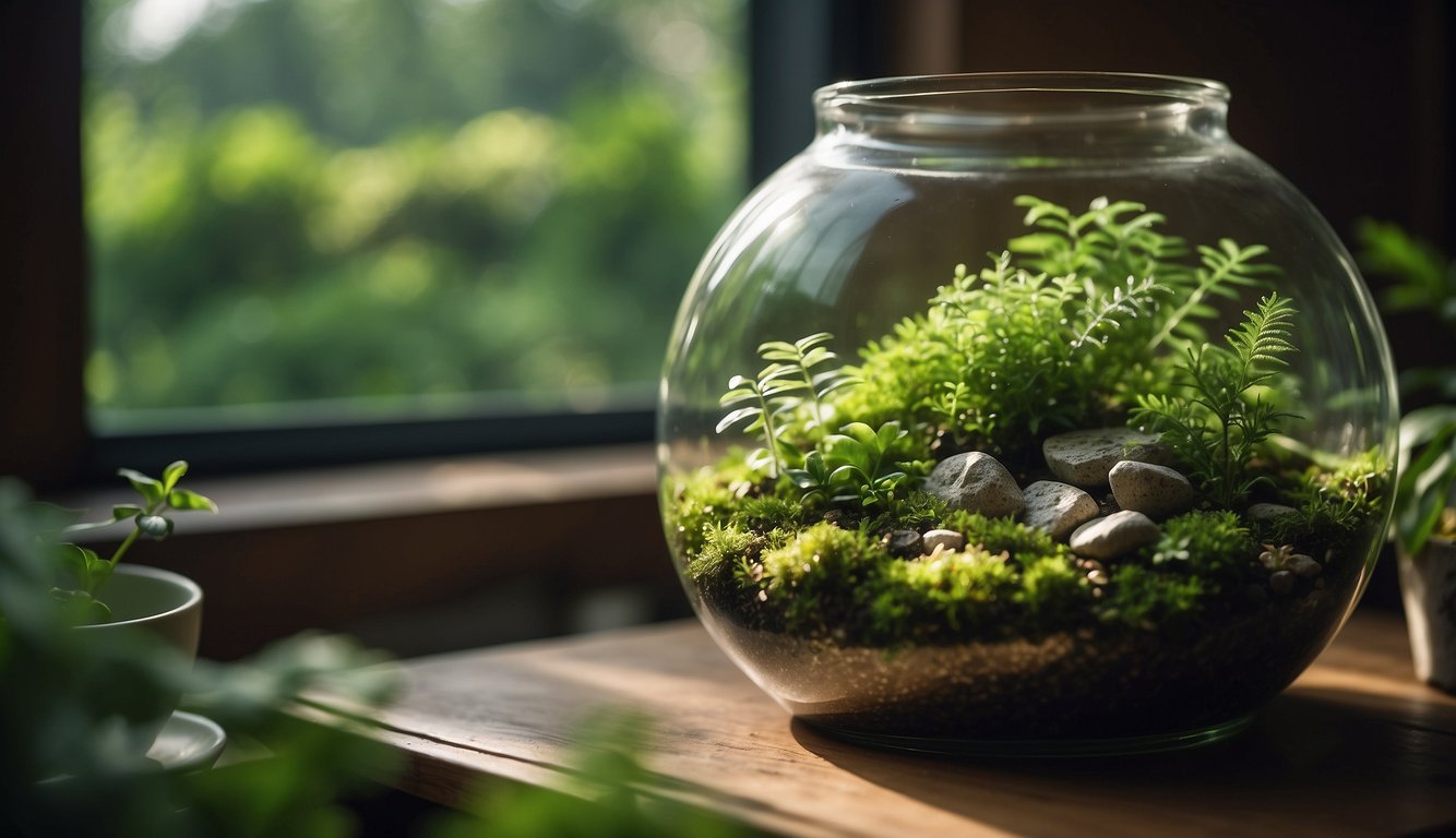Lush green moss thriving in a glass terrarium, nestled among rocks and soil, with filtered sunlight streaming through a nearby window
