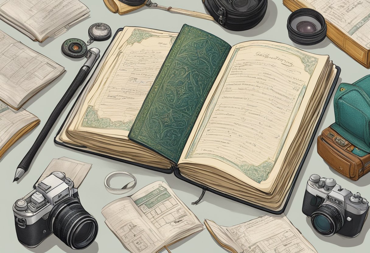 An ornate diary with Elvish Yadav's name on the cover, surrounded by a collection of film scripts and a camera