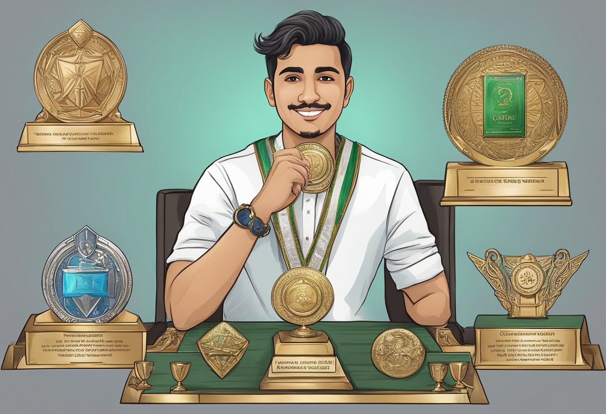 Elvish Yadav's achievements and career depicted with awards, a big house, and a successful YouTube channel