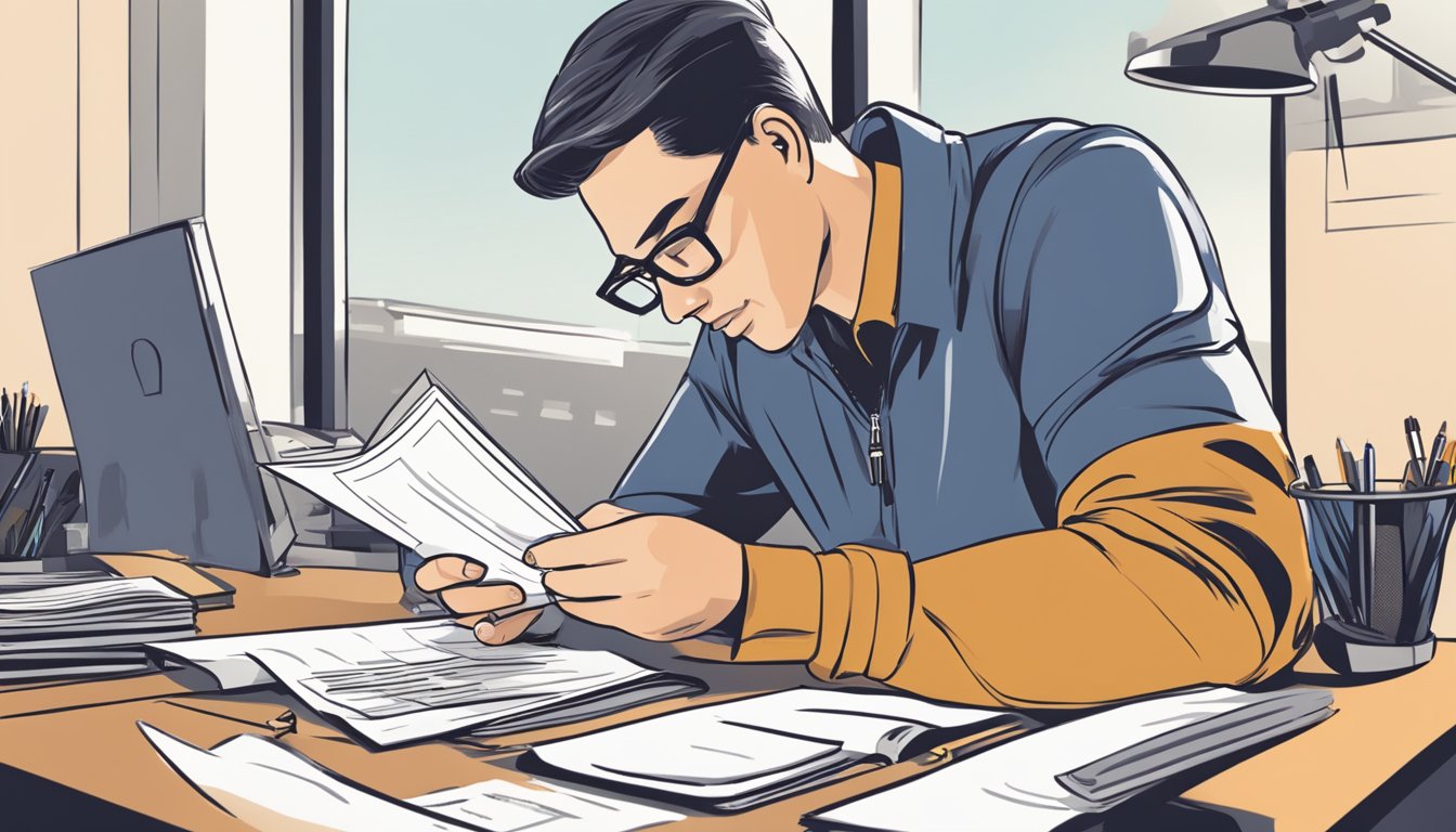 A person reading a strategic testing project document with a pen and notebook on a desk